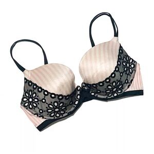 Victoria’s Secret Very Sexy Push-up bra pink and white stripes with black lace